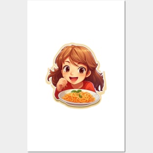 Cute Girl Eating Spaghetti Posters and Art